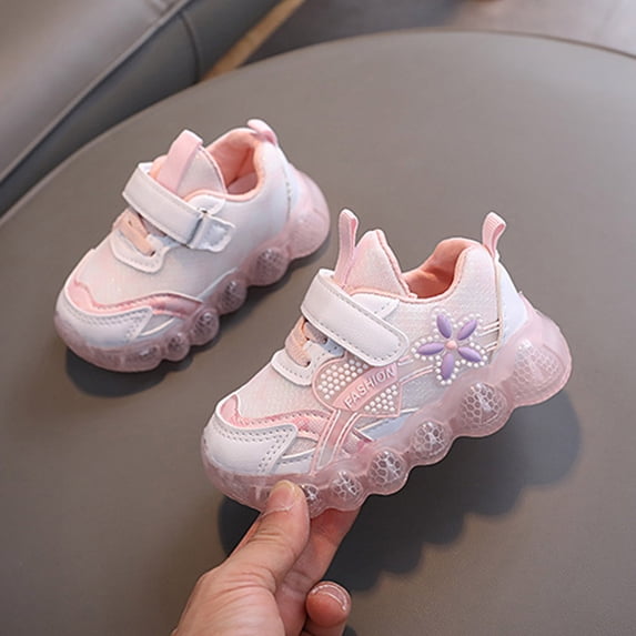 Crunowin Girls' Glow-in-Dark Sport Shoes Flower Pattern Non-Slip Sole Breathable Fabric Soft Sole Casual Sneakers Pink Size 9