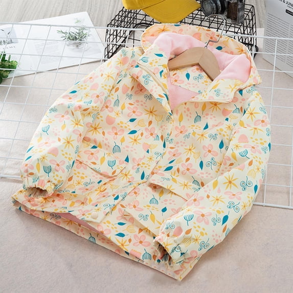 Crunowin Girls Hooded Jackets, Windproof Waterproof Floral Print Fleece Kids Sporty Outerwear Beige 6