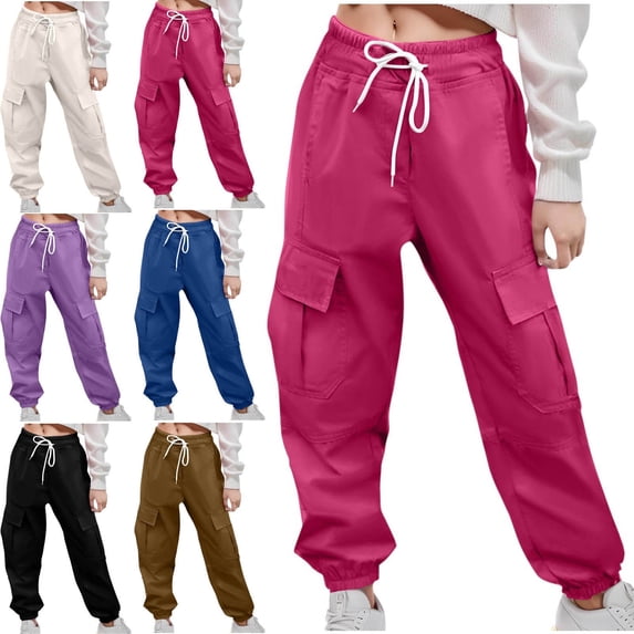 Crunowin Girls Kids Cargo Pants Functional Side Pockets Relaxed Fit Spring Fall Khaki Size 11