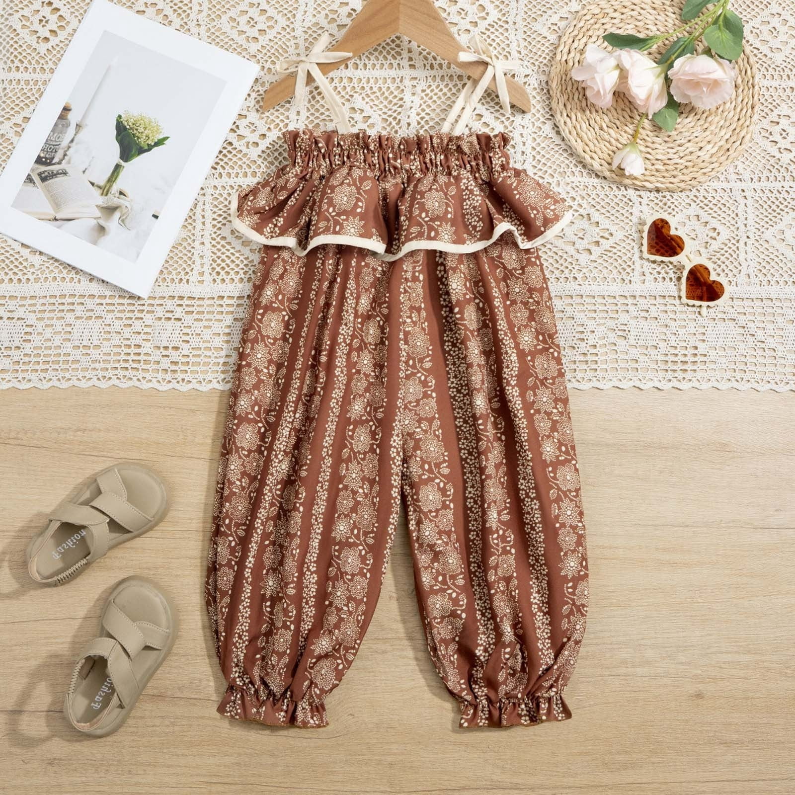 Crunowin Girls Kids Summer Wide Leg Pants Ruffled Lantern Style Lightweight Breathable Brown Size 7