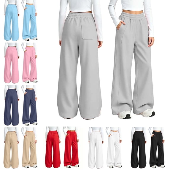 Crunowin Girls Kids Winter Sport Sweatpants Fleece Lined Elastic Waist with Drawstring Side Pockets Straight Leg Wide Pants Navy Size 12