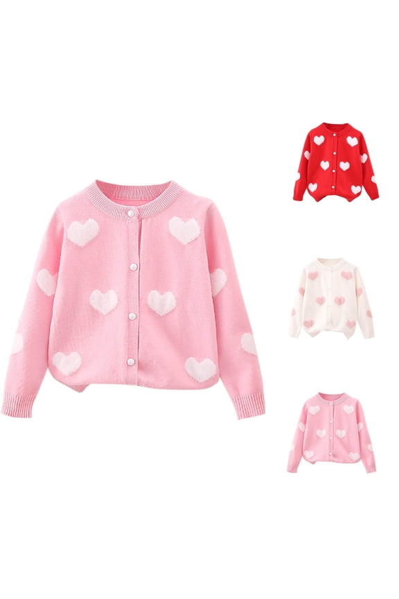 Girls Knit Cardigans Heart Print Round Neck Spring Fall Lightweight Comfortable Sweaters Red Size 3 Years