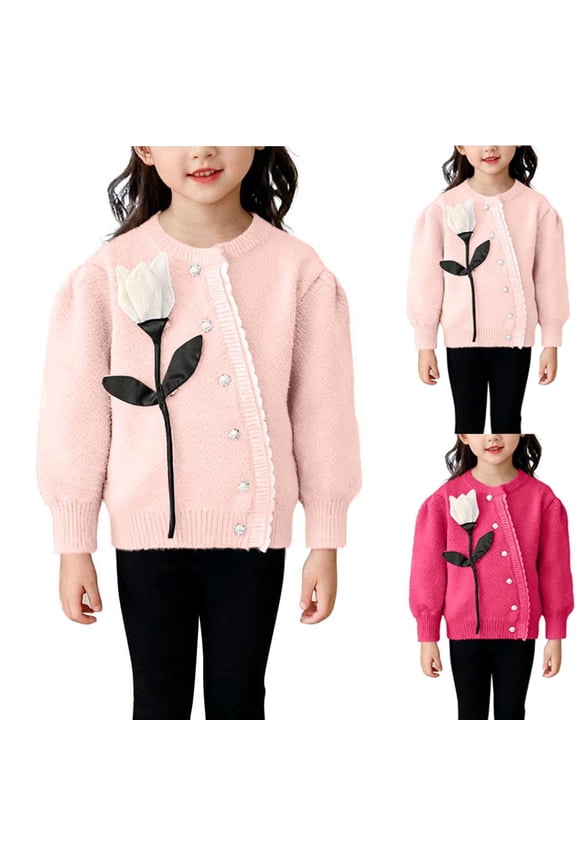 Girls Knit Cardigans Tulip Print Round Neck Cozy Wool Blend Spring Fall Comfort Warm Sweaters Hot Pink Size 2 Years
