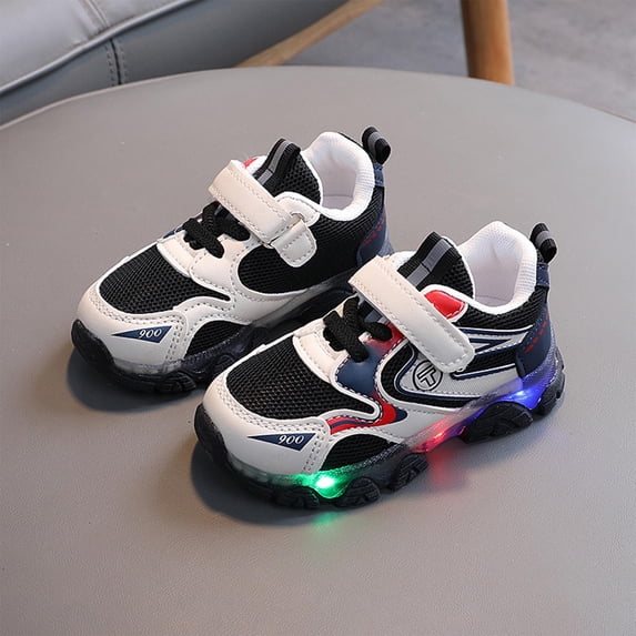 Crunowin Girls' Light-Up Walking Shoes Hook & Loop Closure Breathable Upper Soft Sole & Non-Slip Comfortable Casual Glow Shoes Black Size 5 Years