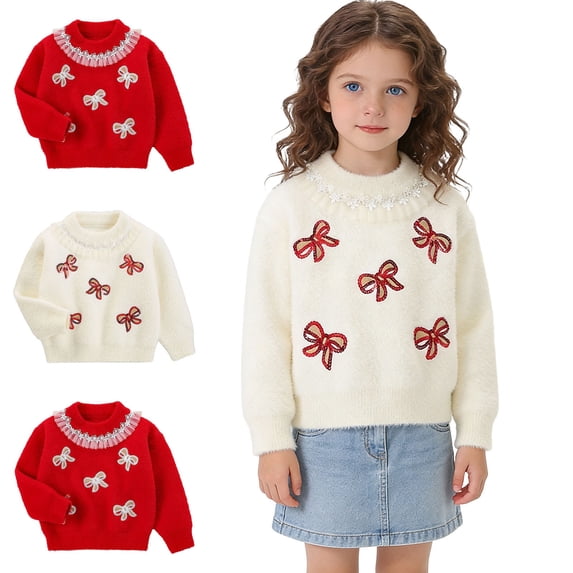 Crunowin Girls Long Sleeve Sweater Sparkle Faux Fur Blend Warm Kids Cozy Sweaters Red Size 2T