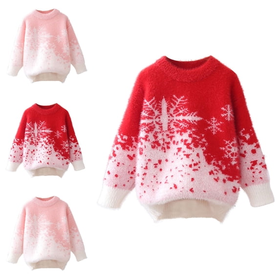 Crunowin Girls Mohair Print Knit Sweater Crew Neck Long Sleeve Pullover Fall Winter Casual Tops Red Size 15
