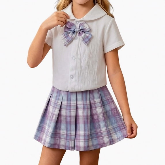 Crunowin Girls Outfit Sets Cotton School Uniform Short Sleeve Shirt Peter Pan Collar and Pleated Skirt Back To School Comfortable Purple Size 6M