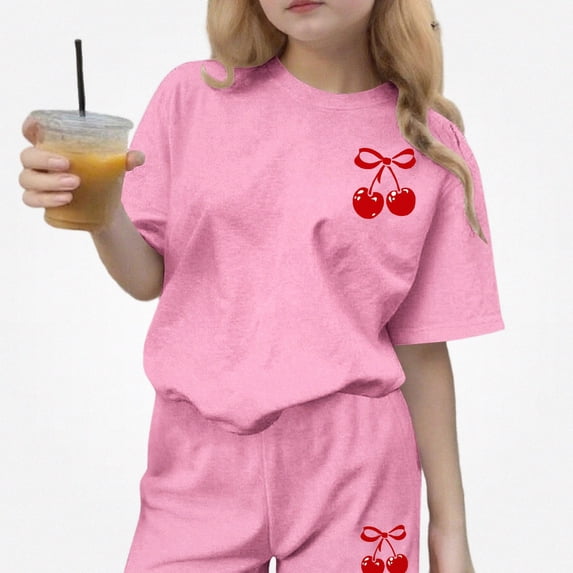 Crunowin Girls Outfit Sets Lightweight Graphic Short Sleeve Round Neck Top and Elastic Waist Shorts Sport Wear Pink Size 9