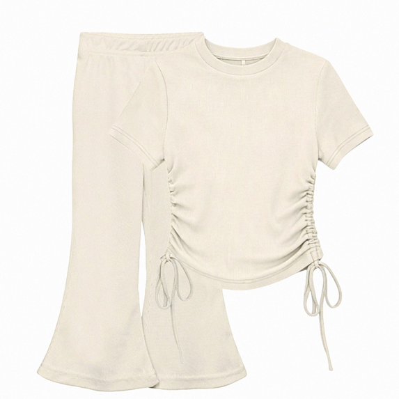Crunowin Girls Outfit Sets Lightweight Short Sleeve Round Neck Top and Elastic Waist Flare Leg Long Pants Beige Size 12M