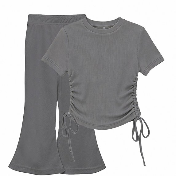 Crunowin Girls Outfit Sets Lightweight Short Sleeve Round Neck Top and Elastic Waist Flare Leg Long Pants Dark Gray Size 2T
