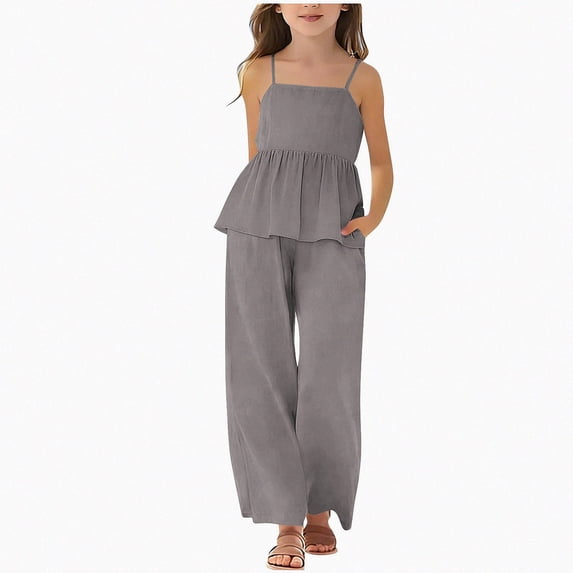 Crunowin Girls Outfit Sets Lightweight Solid Color Flared Hem Top and Elastic Waist Capri Pants Casual Wear Gray Size 7