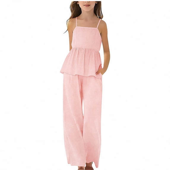 Crunowin Girls Outfit Sets Lightweight Solid Color Flared Hem Top and Elastic Waist Capri Pants Casual Wear Pink Size 11