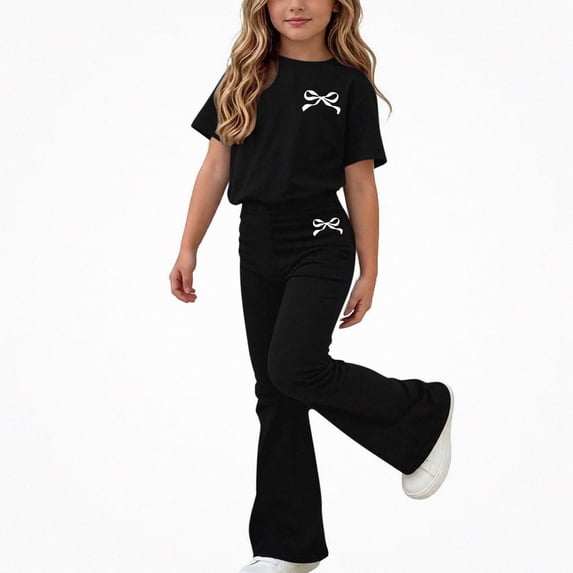 Crunowin Girls Outfit Sets Lightweight T-Shirt Graphic Short Sleeve Round Neck and Full-Length Pants Casual Wear Black Size 5T