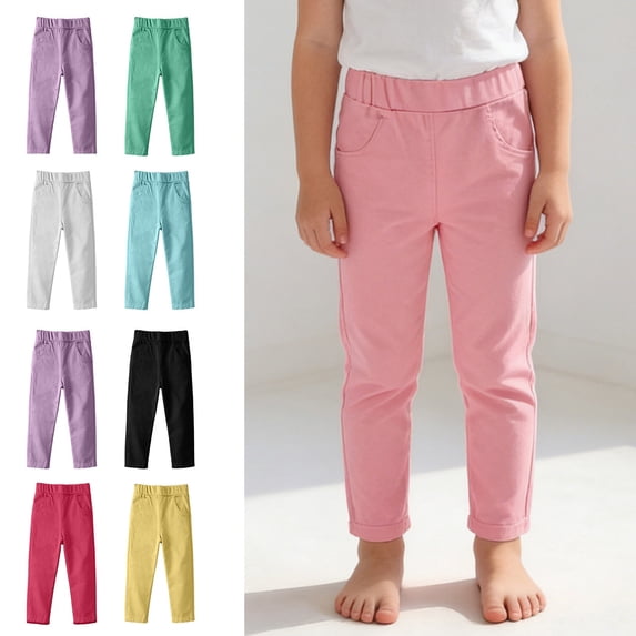 Crunowin Girls Pencil Fit Casual Pants, Elastic Waist Comfort Cotton Kids Spring Summer Everyday Pants Hot Pink 10 T