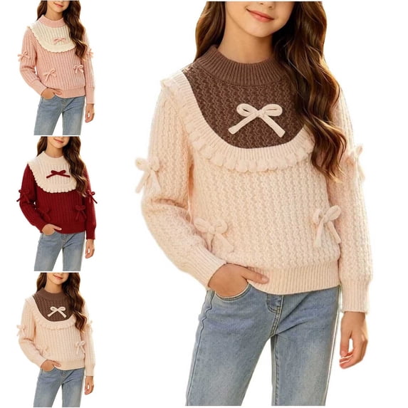 Crunowin Girls Pullover Knit Sweater Round Neck Long Sleeve With Bow Winter Kids Casual Outerwear Tops Red Size 1T
