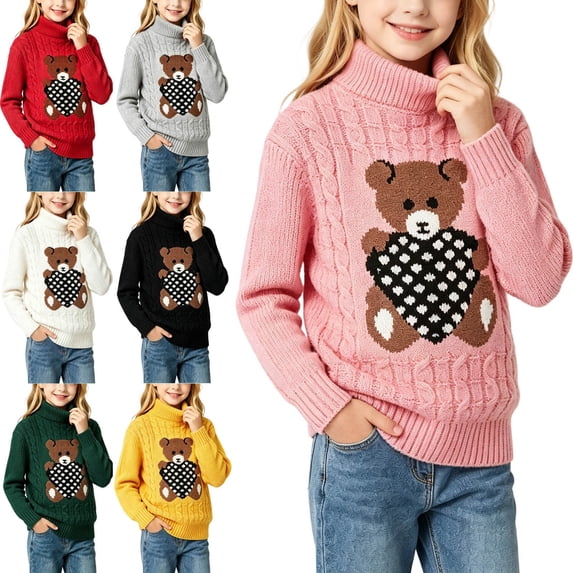 Crunowin Girls Pullover Sweater Bear Print Half Turtleneck Fall Winter Soft Kids Base Tops Black Size 3T