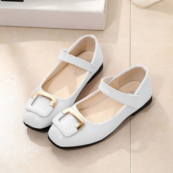 Crunowin Girls' Solid Color Leather Shoes Spring Summer Hook and Loop Performance & Dance Princess Dress Shoes White Size 9 Years