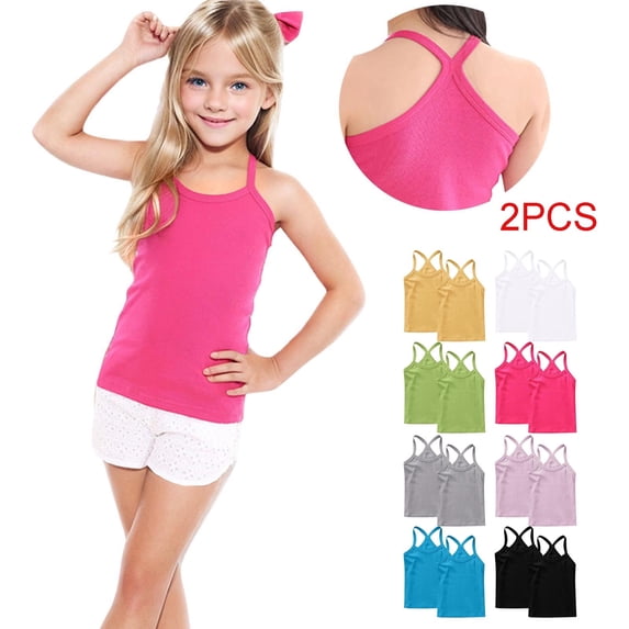 Crunowin Girls Summer 2-Pack Tank Tops, Lightweight Cotton Playful Everyday Style Solid Color Y-Strap Toddler Casual Vest Size 2T Hot Pink