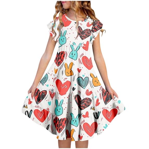 Crunowin Girls Summer Dress Short Sleeve Round Neck Floral Print Ruffle Waist & Pockets Kids Everyday Layered Dress Multicolor Size 12/13