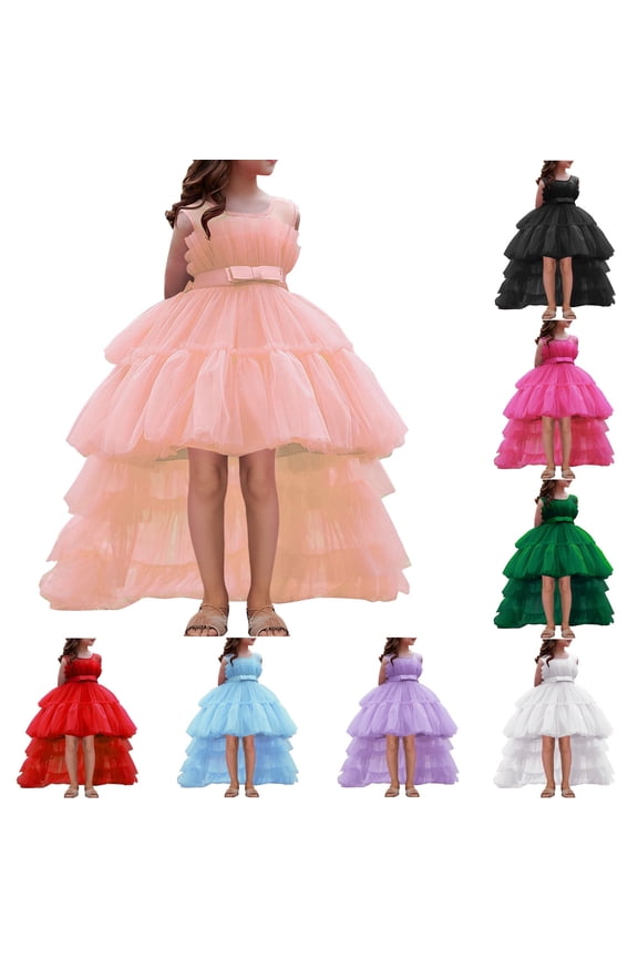 Girls Summer Dress Sleeveless Round Neck Tulle Fabric Train & Sparkly Stage & Pageant Gown Hot Pink Size 7/8