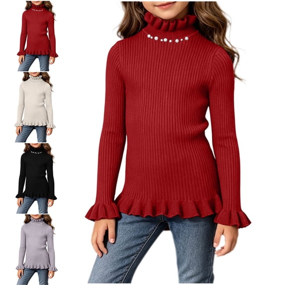 Crunowin Girls Turtleneck Sweater Fall Winter Ribbed Knit Pearl Trim Kids Casual Sweaters Gray Size 11