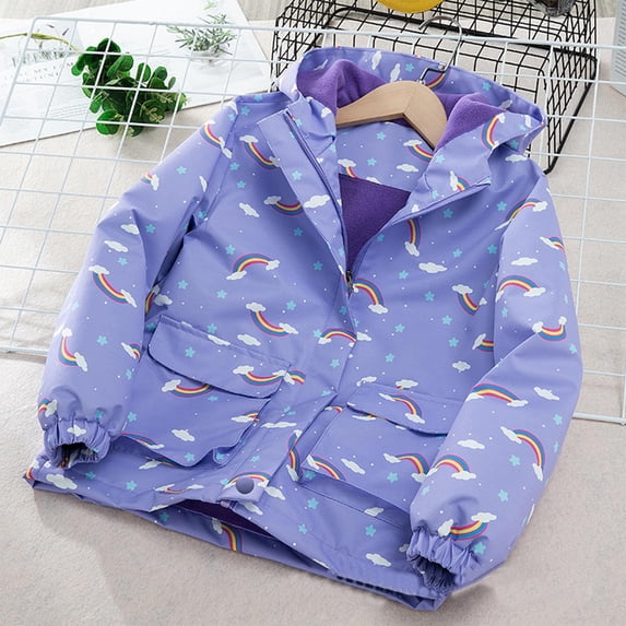 Crunowin Girls Windproof Jackets, Rainbow Print Waterproof Hooded Kids Sporty Outerwear Purple 8