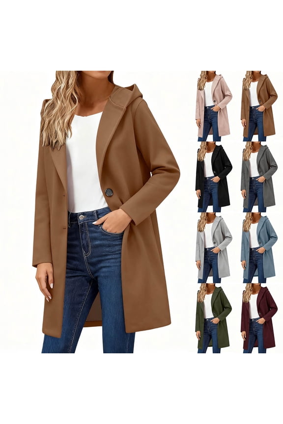 Hooded Trench Coat for Women, Mid-length Winter Faux Wool Coat Stylish Fall Outwear Wine L