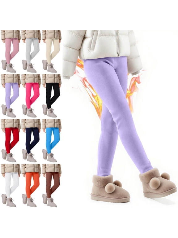 Kids Thermal Fleece Leggings, Plush Soft Lined Elastic Waist Loose Kids Fall Winter Pants Orange 5 T