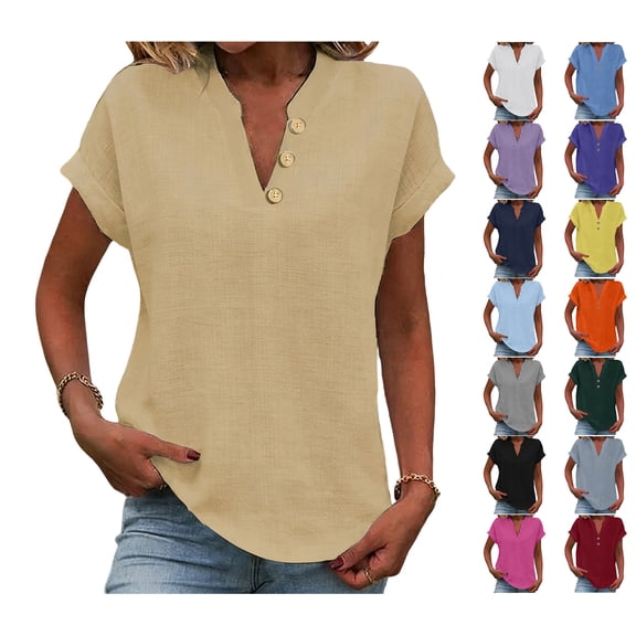 Crunowin Linen Shirts for Women, V Neck Button Blouse Short Sleeve Office Work Tops Vintage Vacation Tees Shirt Blouse Tops Gray L