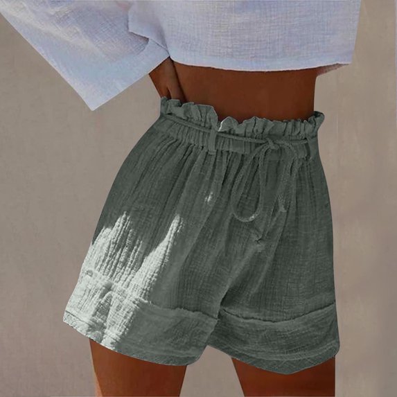 Crunowin Linen Shorts for Women, Pleated Summer Short with Drawstring Soft and Breathable Home Shorts Army Green S