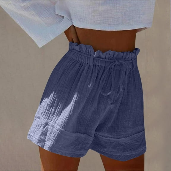Crunowin Linen Shorts for Women, Pleated Summer Short with Drawstring Soft and Breathable Home Shorts Navy S