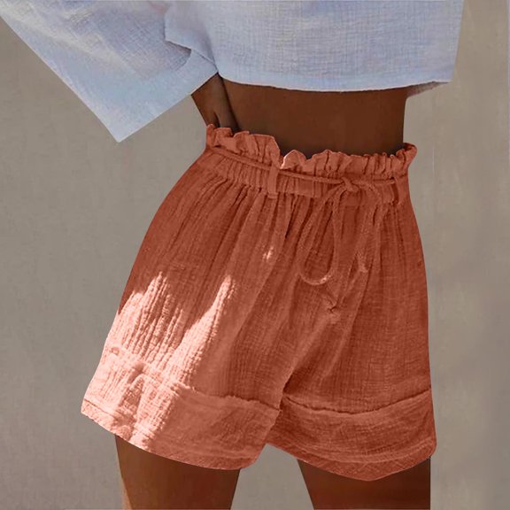 Crunowin Linen Shorts for Women, Pleated Summer Short with Drawstring Soft and Breathable Home Shorts Orange 2XL