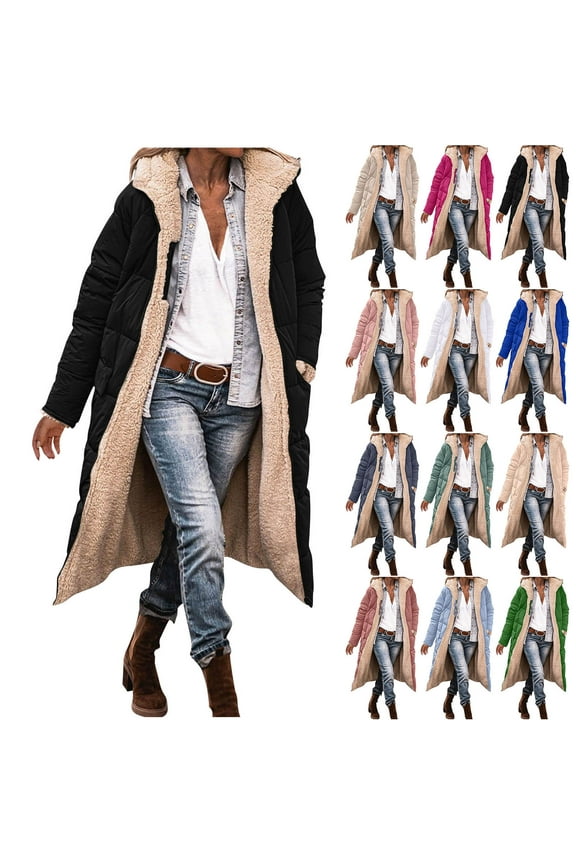 Long Coats for Women, Fleece Lined Long Jacket Hooded Zip Up Padded Jacket Casual Fall Winter Warm Outwear Black M