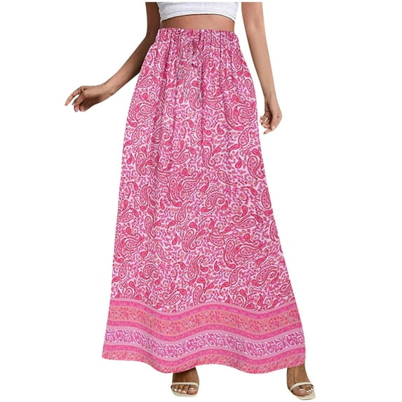 Crunowin Long Skirts for Women Floral Print High Waist Summer Beach Bohemian A Line Maxi Skirts Pink Size L