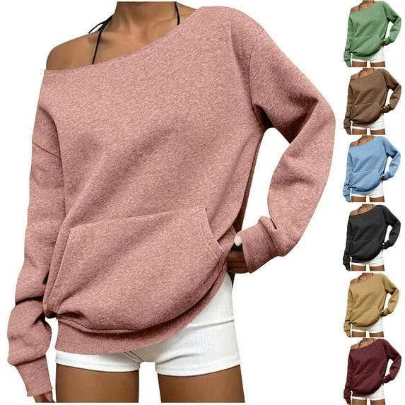 Crunowin Off Shoulder Sweatshirt for Women, Stylish Oversized Long Sleeve Pullover Top with Pocket Wine 2XL