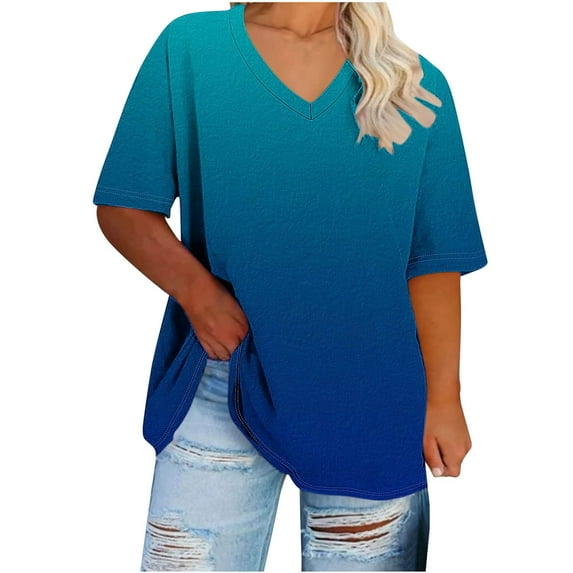 Crunowin Oversized Tee Tops for Women Gradient Color Short Sleeve Plus Size V-neck Tshirts Casual Summer Blouse Black Size 2XL