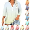 thumbnail image 1 of Crunowin Plus-Size Tops for Women, Gradient V-Neck 3/4-Sleeve Button Tee Loose Casual & Comfy T-shirts Beige 5XL, 1 of 6