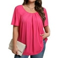 thumbnail image 1 of Crunowin Plus Size Tops for Women Summer Short Sleeve Pleated Tops Casual Round Neck Solid Blouse Hot Pink Size 3XL, 1 of 4
