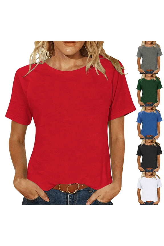 T-Shirts for Women, Casual Daily Short Sleeve Round Neck Tee Tops Red L