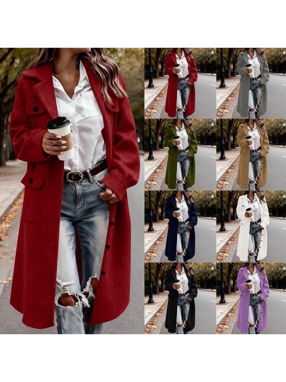 Trench Coat for Women, Fall Winter Faux Suede Tunic Long Lapel Pea Coat Overcoat with Pocket Purple M