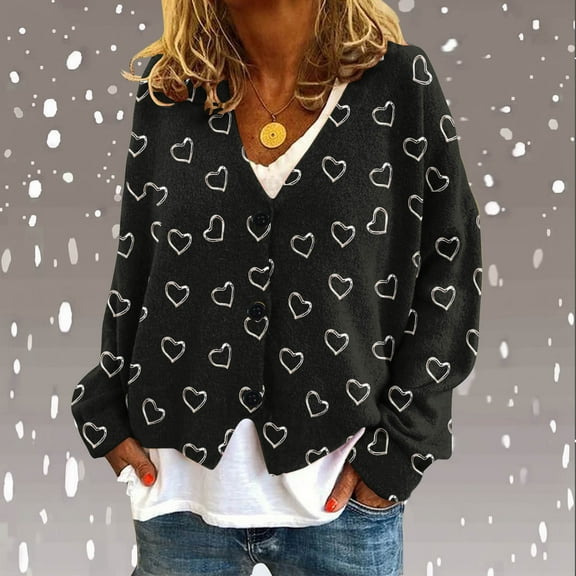 Crunowin Women Cardigan Sweater, Heart Printed Hoodless Long Sleeve V Neck Fashion Outwear Black L