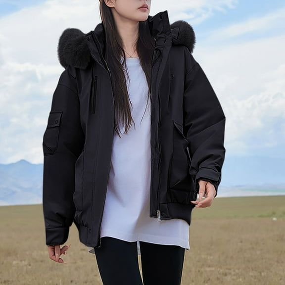 Crunowin Women Fashion Coat, Faux Fur Hooded Windproof Cotton Padded Solid Color Long Sleeve Zipper Winter Parka Coat Black L