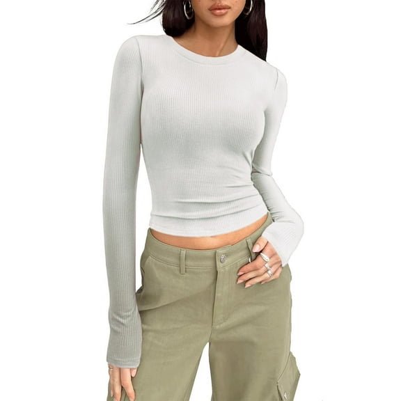 Crunowin Women Fashion Shirts, Long Sleeve Slim Fit Round Neck Solid Color Casual Tops White XXL