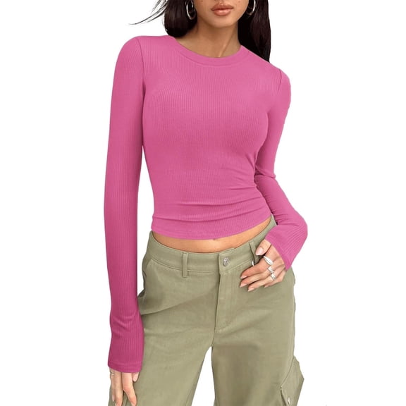 Crunowin Women Fashion Shirts, Round Neck Long Sleeve Slim Fit Solid Color Casual Tops Hot Pink M