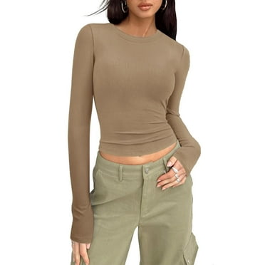 Crunowin Women Fashion Shirts, Round Neck Solid Color Long Sleeve Slim Fit Casual Tops Khaki S