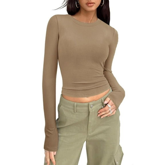 Crunowin Women Fashion Shirts, Solid Color Long Sleeve Slim Fit Round Neck Casual Tops Khaki XL