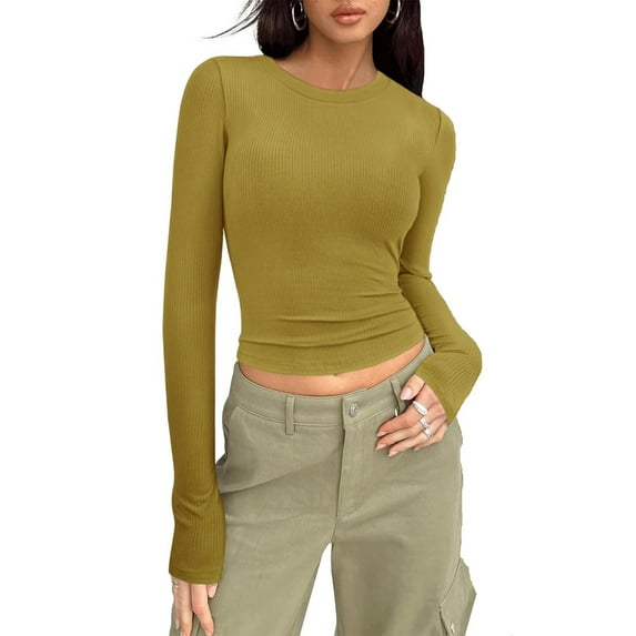 Crunowin Women Fashion Shirts, Solid Color Round Neck Long Sleeve Slim Fit Casual Tops Gold XL