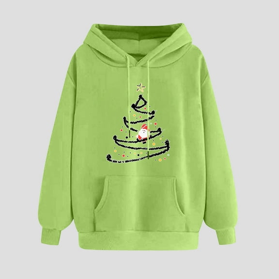 Crunowin Women Hooded Sweatshirts, Christmas Printed Loose Fit Long Sleeve Fashion Pullover Tops Green S