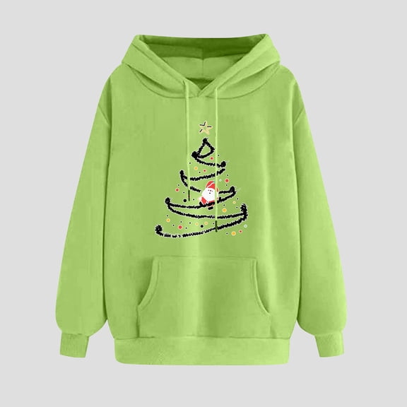 Crunowin Women Hooded Sweatshirts, Christmas Printed Loose Fit Long Sleeve Fashion Pullover Tops Green XXL