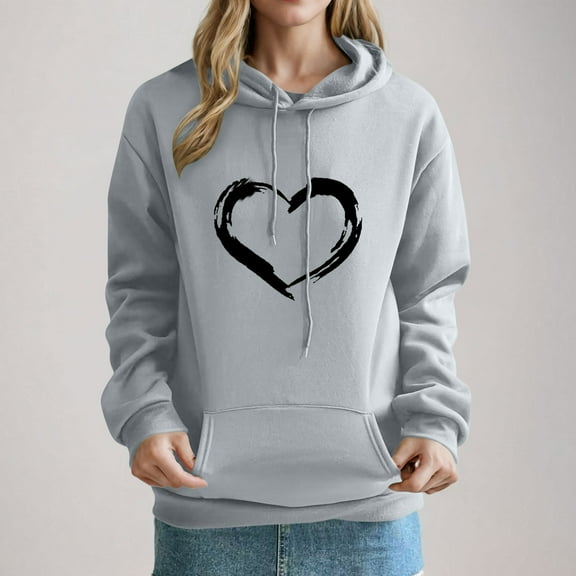 Crunowin Women Hooded Sweatshirts, Heart Printed Long Sleeve Loose Fit Fashion Pullover Tops Gray XXL